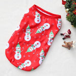 Load image into Gallery viewer, Red dog Christmas shirt with smiling snowmen and green hats, cozy holiday pet outfit for small to large dogs