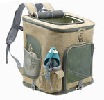 Load image into Gallery viewer, Beige transparent cat backpack carrier with ventilation mesh and side pockets for travel with pets.