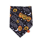 Load image into Gallery viewer, Black Halloween triangle pet bandana with pumpkin faces, moons, stars, and festive spooky text design