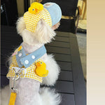 Load image into Gallery viewer, Small dog wearing a yellow gingham harness, matching leash, and blue hat with a yellow duck decoration for spring and summer.
