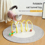 Load image into Gallery viewer, Cat playing with a foldable S type spring tunnel toy featuring attached feather and mouse for indoor fun