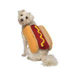 Load image into Gallery viewer, Small white dog wearing a funny hot dog costume with bun and mustard for Halloween or party pet outfit