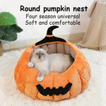 Load image into Gallery viewer, Cat relaxing inside a soft plush cozy Halloween pumpkin-shaped pet bed with a black witch hat top design