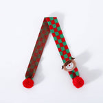Load image into Gallery viewer, Knitted wool Christmas scarf for pets with red and green plaid pattern and pom-poms, featuring a snowman decoration