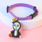 Load image into Gallery viewer, Adjustable purple Halloween pet collar with skeleton cartoon charm and small pumpkin for cats and dogs decoration