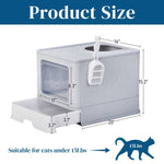 Load image into Gallery viewer, Grey enclosed cat litter box with slide-out tray and top-exit design, suitable for cats under 15 pounds and detailed size dimensions.