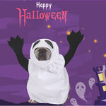Load image into Gallery viewer, Dog wearing a funny and cute white Halloween ghost pet costume with spooky black shadow and ghost decorations
