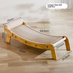 Load image into Gallery viewer, Wooden recliner cat scratcher lounger with woven scratch board and dimensions displayed on a light wooden floor background