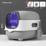 Load image into Gallery viewer, Oversized fully enclosed gray cat litter box with UV sterilization, deodorant bag, shovel, and easy-clean smart design