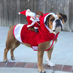 Load image into Gallery viewer, Brown dog wearing a Santa Claus and reindeer costume with a plush Santa figure riding on its back for Christmas party.