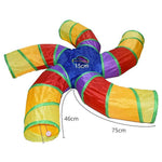 Load image into Gallery viewer, Foldable rainbow cat tunnel with three interactive arms and toy ball for playful cats and small pets.