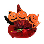 Load image into Gallery viewer, Red sequined Halloween pet hat with four smiling pumpkin faces and colorful ribbon decoration for cats and small dogs.