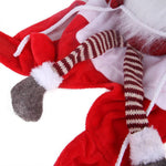 Load image into Gallery viewer, Close-up of red and white pet costume with striped leg sleeves and gray hooves for Christmas holiday parties.