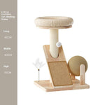 Load image into Gallery viewer, Compact wooden cat climbing frame with scratching post, cushioned bed, feather toy, and ball for play and rest