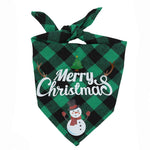 Load image into Gallery viewer, Green and black plaid triangular pet bandana with Merry Christmas text and snowman design for holiday festive costume