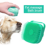 Load image into Gallery viewer, Hand holding green silicone pet shampoo massager brush used to gently wash and massage wet golden retriever dog