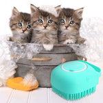 Load image into Gallery viewer, Three fluffy kittens in a bath bucket with bubbles and a turquoise pet shampoo massager brush nearby