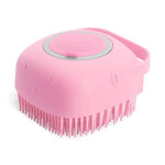 Load image into Gallery viewer, Pink pet shampoo massager brush with soft silicone bristles for gentle grooming and relaxing bath time.