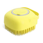 Load image into Gallery viewer, Yellow pet shampoo massager brush with soft silicone bristles for gentle grooming and relaxing bath time