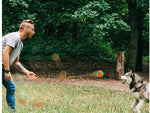 Load image into Gallery viewer, Man playing fetch with dog using a dog training chew ball attached to a draw rope outdoors