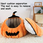 Load image into Gallery viewer, Soft plush Halloween pumpkin pet bed with removable cushion and washable mat for cats and small dogs