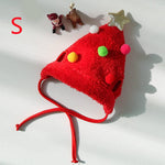 Load image into Gallery viewer, Red Christmas hat for pets with colorful pom-poms and a gold star, adjustable straps for small dogs or cats
