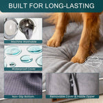 Load image into Gallery viewer, Dog standing on grey orthopedic egg foam bed with waterproof, washable cover, non-slip bottom, and removable zipper cover.