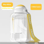 Load image into Gallery viewer, Large 1500ml white dog water bottle with yellow lid and HIPIPET branded yellow strap portable pet dispenser