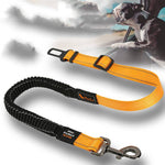 Load image into Gallery viewer, Adjustable orange pet seat belt with metal clip and elastic for secure dog and cat car travel safety harness attachment
