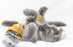 Load image into Gallery viewer, Gray cat playing with a yellow leaky ball tumbler educational treat toy designed for cats and dogs