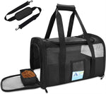 Load image into Gallery viewer, Large black soft-sided cat travel bag with mesh panels, foldable design, shoulder strap, and food compartment for pets.
