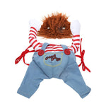 Load image into Gallery viewer, Halloween dog costume with striped sleeves, blue pants, and a furry mask for adjustable pet cosplay parties