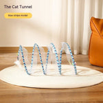 Load image into Gallery viewer, Blue striped collapsible spring cat tunnel toy with mouse and feather for indoor and outdoor kitten play
