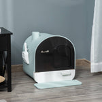 Load image into Gallery viewer, Enclosed cat litter box with black lid, light blue tray and scoop, splash-proof design, placed on wood floor by curtain and table