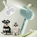 Load image into Gallery viewer, Self-Cleaning Pet Comb in green shown with a dog and cat, highlighting its grooming and mist spray features for all pet fur types.