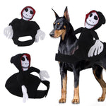 Load image into Gallery viewer, Funny Pet Teddy Cape Halloween Costume with skeleton doll rider. Adjustable fit for dogs and cats, perfect for festive Halloween cosplay.