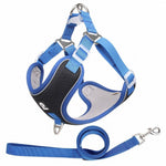 Load image into Gallery viewer, Adjustable blue mesh pet harness with reflective strips and matching leash for comfort and safety during walks.