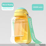 Load image into Gallery viewer, Portable 2-in-1 dog water bottle with food container, 1000ml capacity, yellow with teal strap for travel and pet feeding cups.