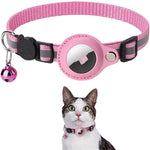 Load image into Gallery viewer, Pink reflective nylon pet collar with waterproof AirTag holder and bell, shown on a cat, adjustable for cats and dogs