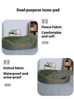 Load image into Gallery viewer, Stylish green pet bed with dual-purpose inner pad, fleece fabric top and waterproof Oxford fabric base for dogs and cats.