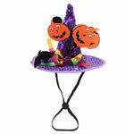 Load image into Gallery viewer, Purple sequin wizard hat with smiling pumpkin decorations and adjustable strap for cats and small dogs Halloween dress up