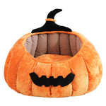 Load image into Gallery viewer, Soft plush pumpkin-shaped pet bed with devil horn design, perfect for cats and small dogs in fall and winter.