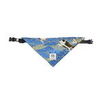 Load image into Gallery viewer, Blue Japanese Tang Grass and Cherry Blossom patterned triangular pet bandana with adjustable black strap and cat illustration tag