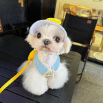 Load image into Gallery viewer, Small white dog wearing a blue harness, yellow leash, and light blue sun hat sitting on a black table indoors.