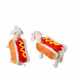 Load image into Gallery viewer, Two dogs wearing funny hot dog costumes with red sausage and yellow mustard on a bun for pets.