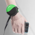 Load image into Gallery viewer, Hand wearing a green and black wrist-type retractable pet leash holding a smartphone for hands-free dog and cat walking