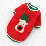 Load image into Gallery viewer, Red fleece Christmas dog sweater with reindeer applique and green white striped trim for small to large dogs