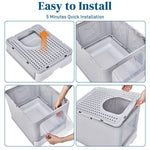 Load image into Gallery viewer, Grey enclosed cat litter box with perforated top, slide-out tray, and top-exit design being assembled step-by-step