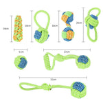 Load image into Gallery viewer, Various sizes and styles of chew-resistant molar rope balls and tug toys for large dogs with measurements shown
