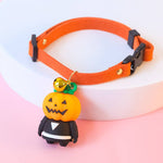 Load image into Gallery viewer, Adjustable orange Halloween pet collar with a cartoon pumpkin head decoration and small bell for cats and dogs